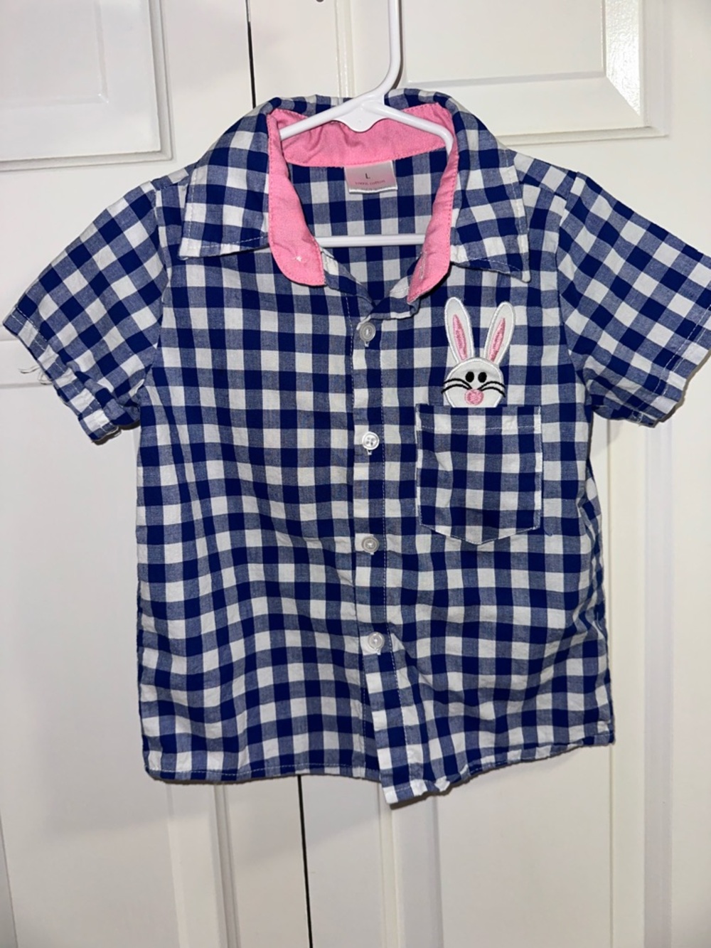 Boys Navy and White Gingham Button-Up Shirt with Bunny Patch